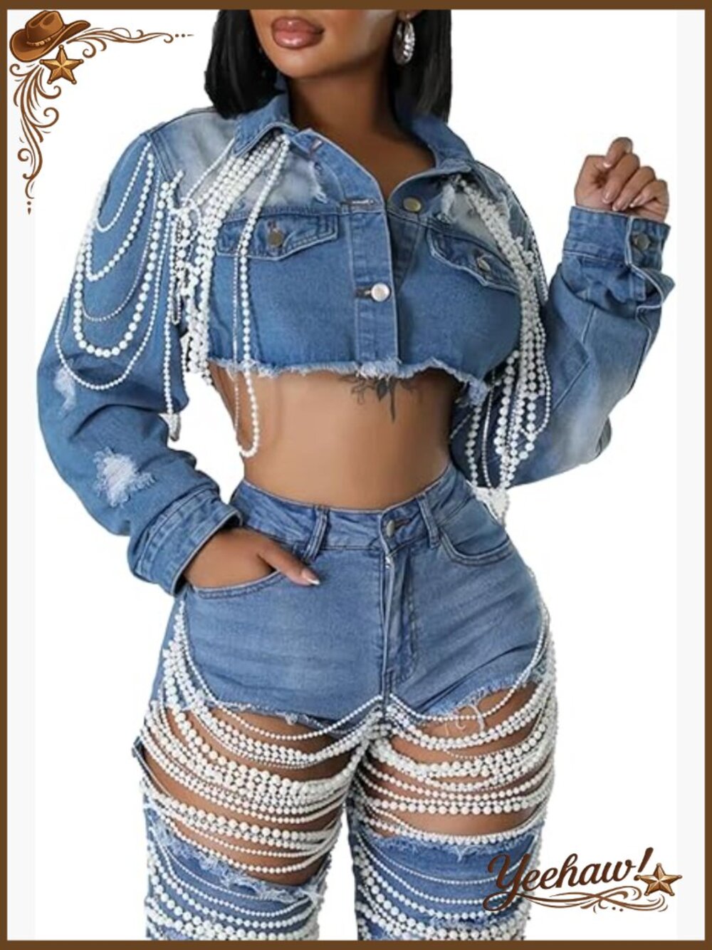 Cropped Denim Jacket Long Sleeve Trendy Pearl Distressed Crop Top Jean Jacket - Picture 1 of 6